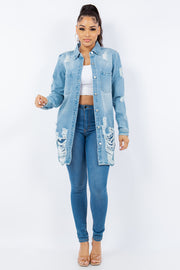 American Bazi Distressed Button Up Long Sleeve Denim Jacket - Fashionmj