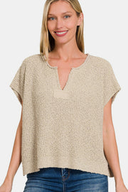 Zenana Short Sleeve Side Slit Sweater - Fashionmj