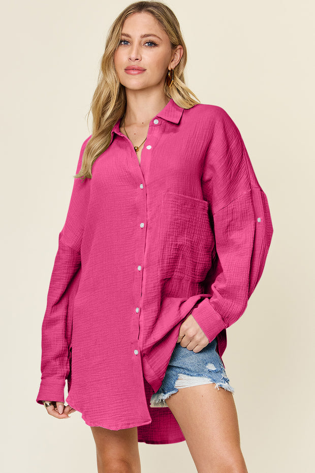 Double Take Full Size Pocketed Texture Button Up Shirt - Fashionmj