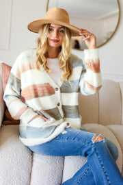 Haptics Full Size Button Down Stripe Soft Fuzzy Sweater Cardigan - Fashionmj