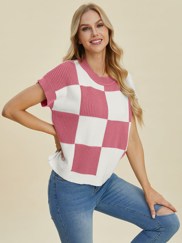 Double Take Full Size Checkered Round Neck Short Sleeve Sweater - Fashionmj