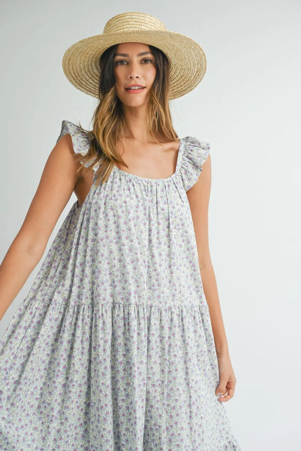 MABLE Floral Ruffle Shoulder Tiered Midi Dress - Fashionmj