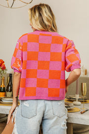 BiBi Checkered Short Sleeve Sequin Sweater - Fashionmj