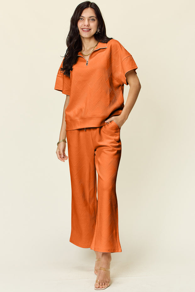 Double Take Full Size Texture Half Zip Short Sleeve Top and Pants Set - Fashionmj