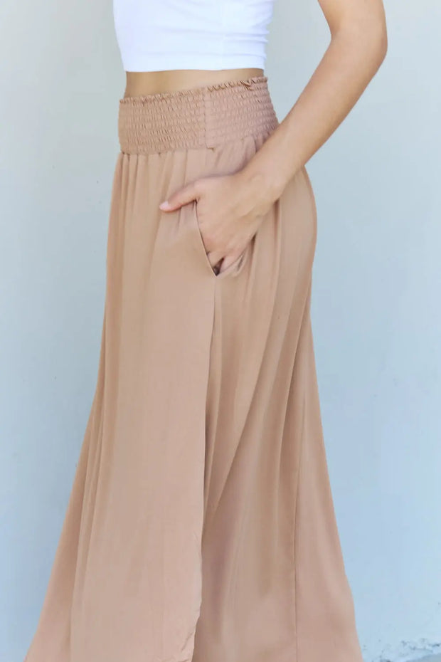 Doublju Comfort Princess Full Size High Waist Scoop Hem Maxi Skirt in Tan - Fashionmj