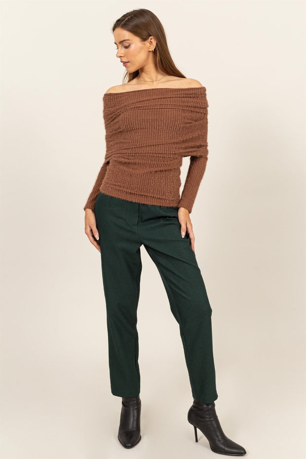 HYFVE Fuzzy Off Shoulder Textured Knit Top - Fashionmj