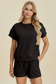 Double Take Full Size Texture Short Sleeve Top and Shorts Set - Fashionmj