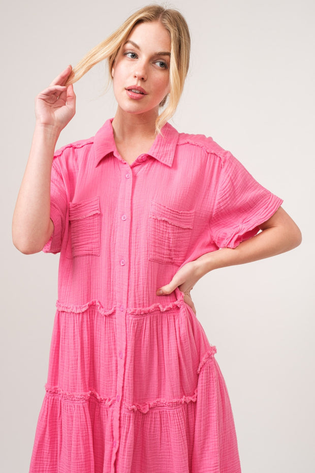 And The Why Full Size Raw Edge Washed Tiered Shirt Dress - Fashionmj