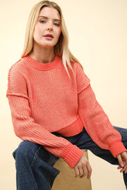 VERY J Exposed Seam Cropped Striped Slit Sweater - Fashionmj