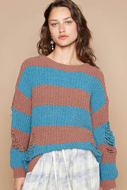 POL Striped Distressed Long Sleeve Sweater - Fashionmj