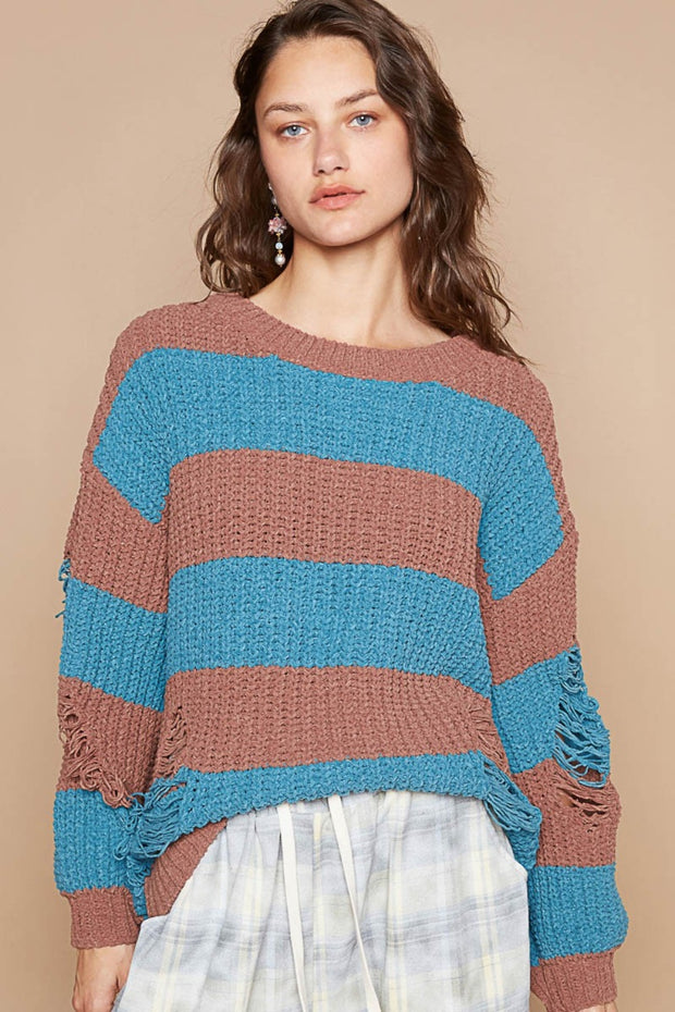 POL Striped Distressed Long Sleeve Sweater - Fashionmj