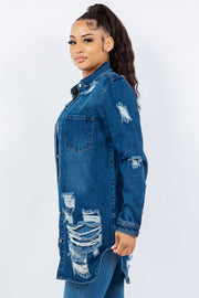 American Bazi Distressed Button Up Long Sleeve Denim Jacket - Fashionmj