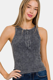 Zenana Washed Ribbed Half Snap Seamless Tank - Fashionmj