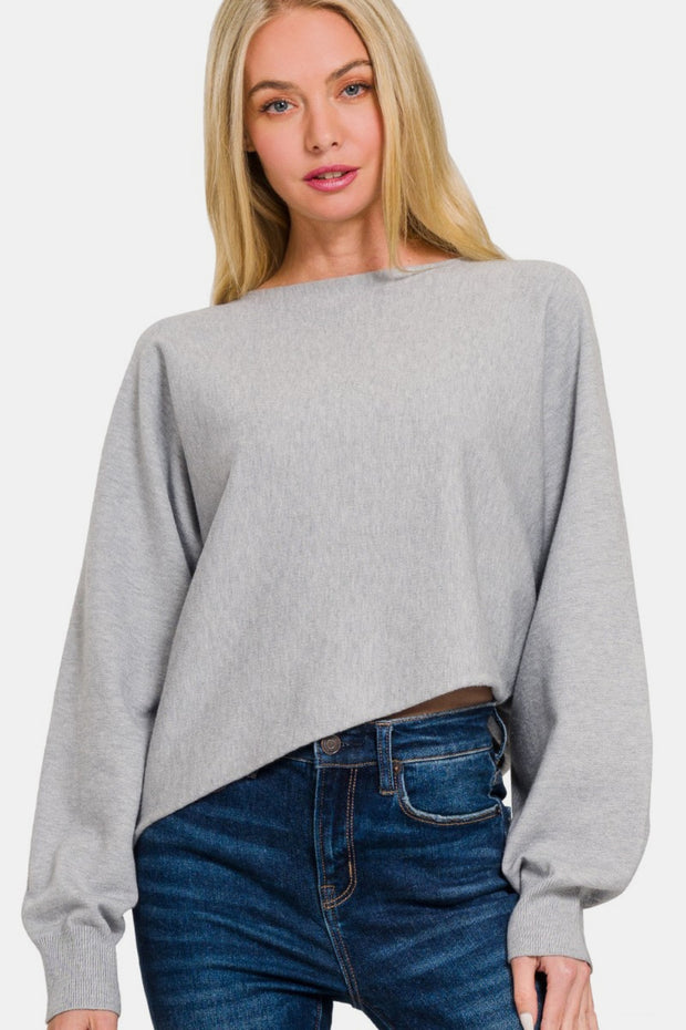 Zenana Asymmetric Hem Long Sleeve Sweater - Fashionmj