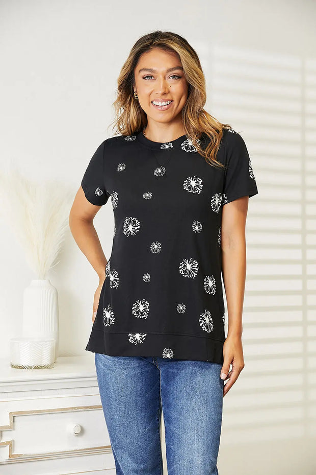 Double Take Dandelion Print Round Neck T-Shirt - Fashionmj