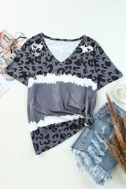 Leopard V-Neck Short Sleeve T-Shirt - Fashionmj