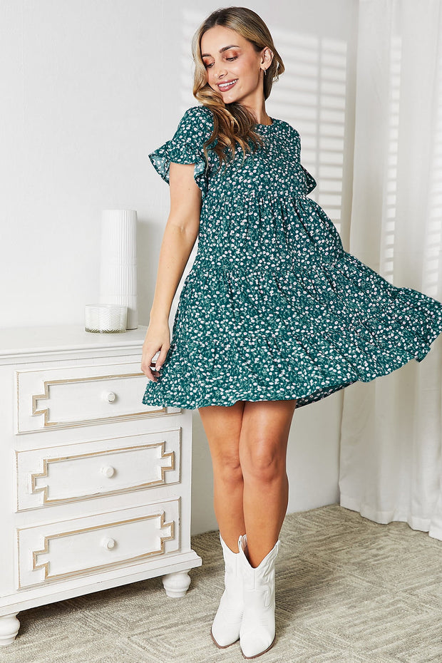 Double Take Short Flounce Sleeve Tiered Dress - Fashionmj