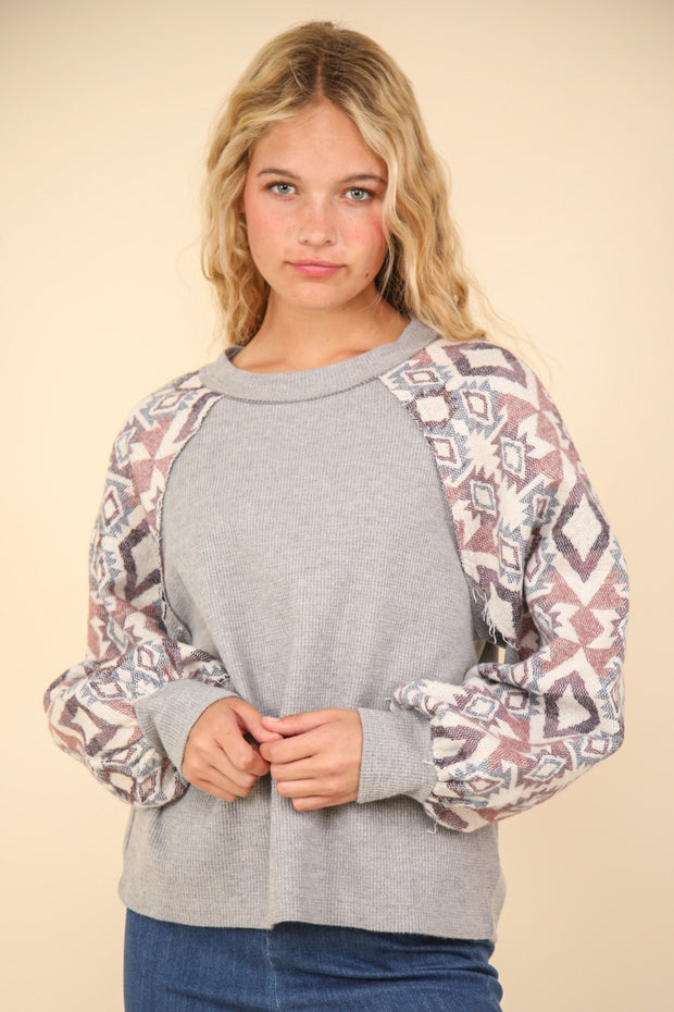 VERY J Printed Long Sleeve Round Neck Knit Top - Fashionmj