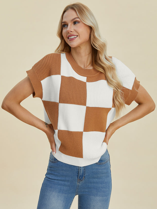 Double Take Full Size Checkered Round Neck Short Sleeve Sweater - Fashionmj