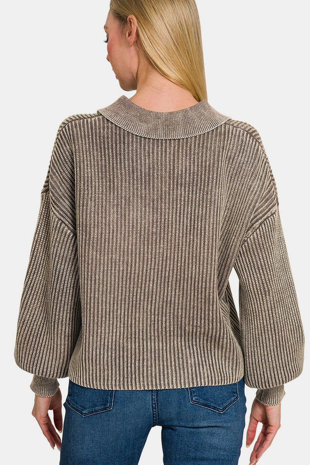 Zenana Washed Half Button Long Sleeve Sweater - Fashionmj