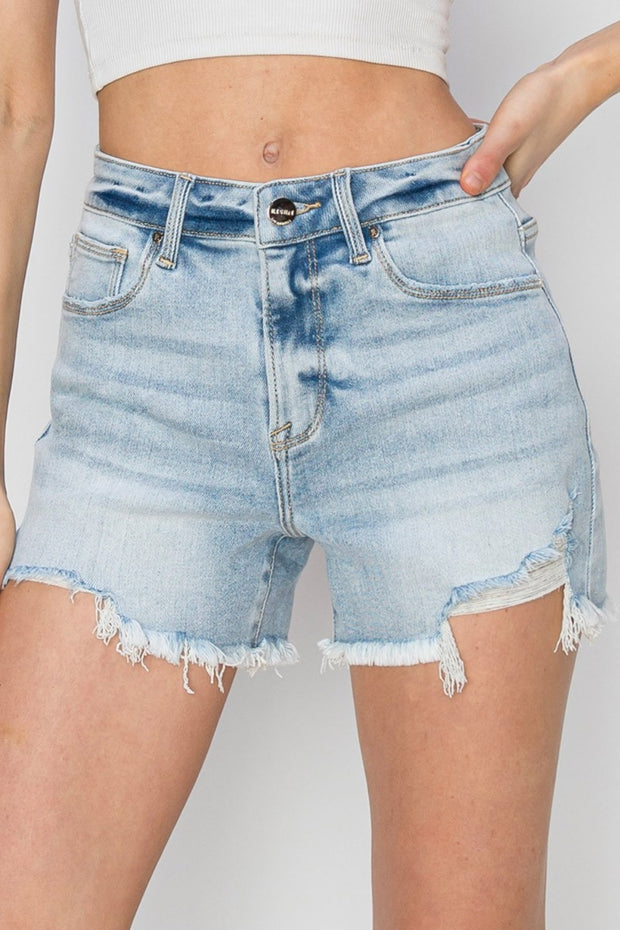 RISEN Full Size High Waist Frayed Detail Denim Shorts - Fashionmj