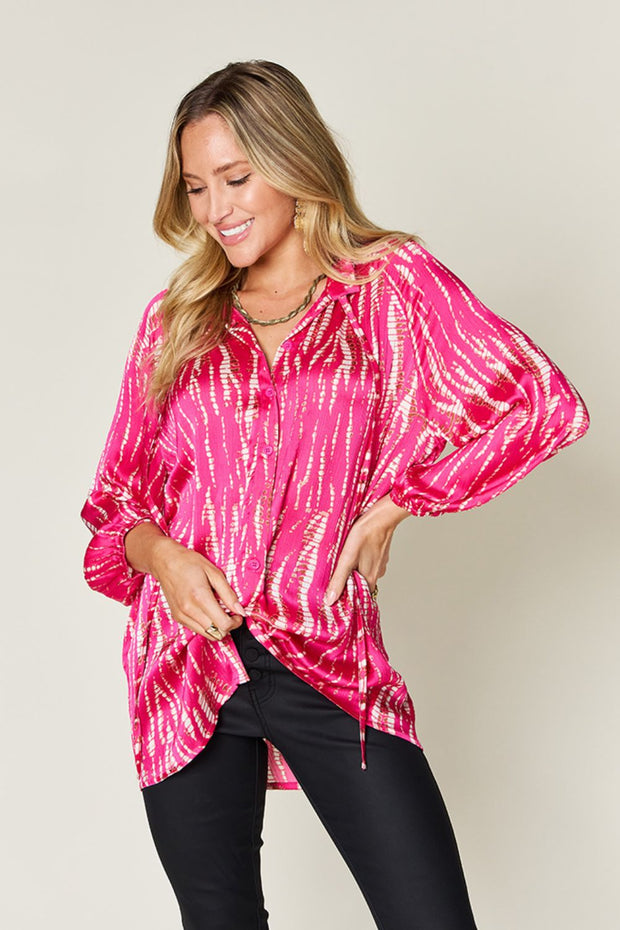 Double Take Full Size Printed Button Up Long Sleeve Shirt - Fashionmj