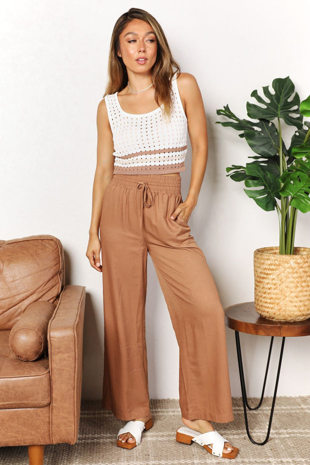 Double Take Drawstring Smocked Waist Wide Leg Pants - Fashionmj