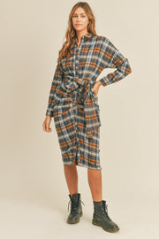 Mable Plaid Flannel Front Tie Button Down Shirt Dress - Fashionmj