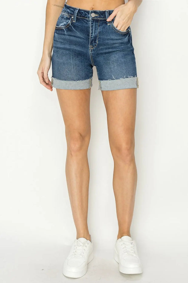 RISEN High Rise Cuffed Denim Shorts - Fashionmj