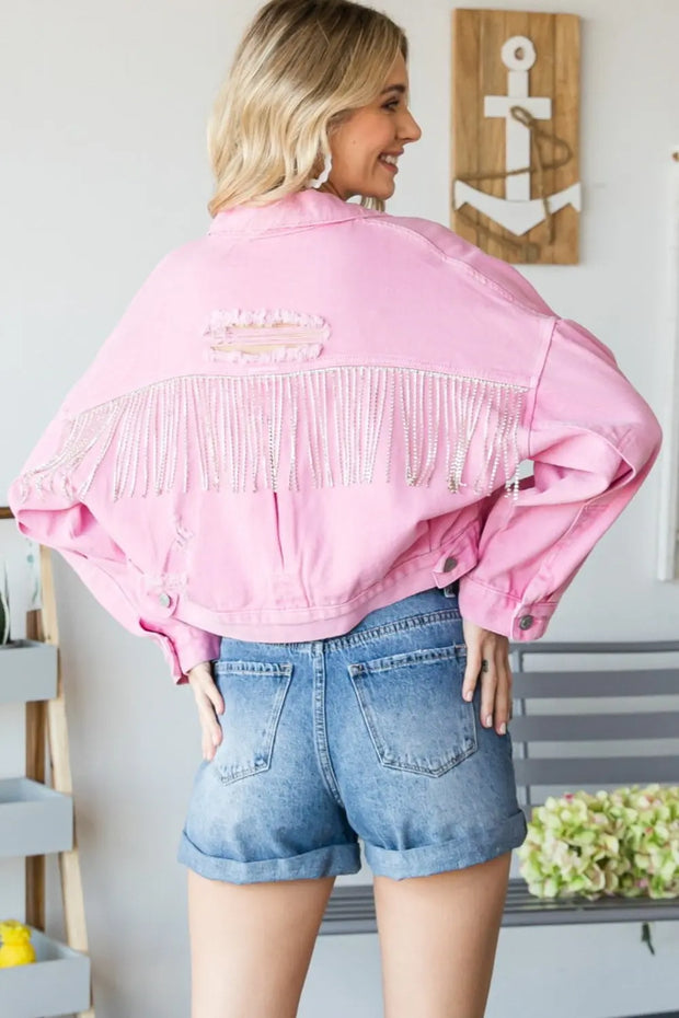 Veveret Fringe Distressed Button Up Denim Jacket - Fashionmj