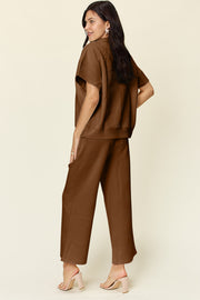 Double Take Full Size Texture Half Zip Short Sleeve Top and Pants Set - Fashionmj