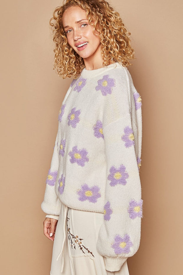 POL Daisy Pattern Drop Shoulder Sweater - Fashionmj