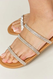 WILD DIVA Rhinestone Three-Strap Flat Sandals - Fashionmj