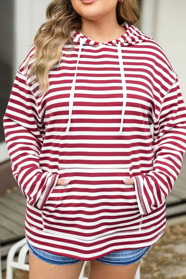 Plus Size Drawstring Striped Dropped Shoulder Hoodie - Fashionmj