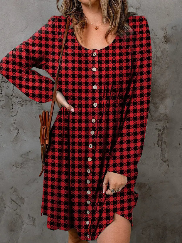 Double Take Full Size Plaid Round Neck Long Sleeve Magic Dress - Fashionmj