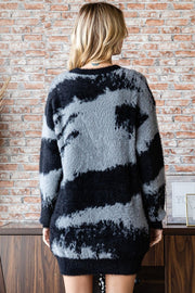 First Love Full Size Abstract Pattern Contrast Feather Yarn Sweater - Fashionmj