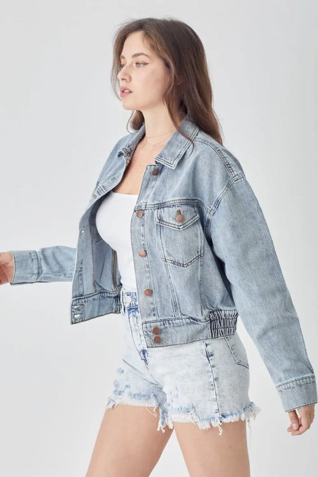 RISEN Full Size Button Down Cropped Denim Jacket - Fashionmj