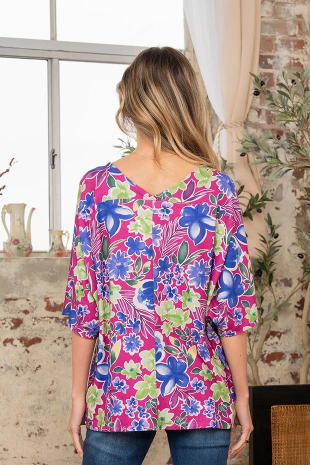 Sew In Love Full Size V-Neck Floral Half Sleeve Top - Fashionmj