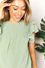 Perfee Pleated Detail Flutter Sleeve Blouse - Fashionmj