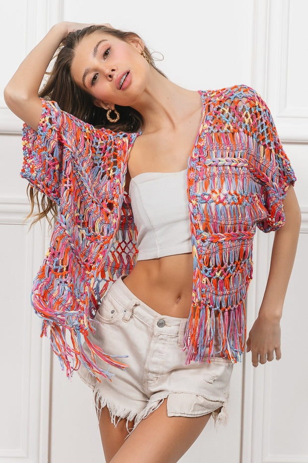 BiBi Open Front Fringed Crop Knit Cardigan - Fashionmj