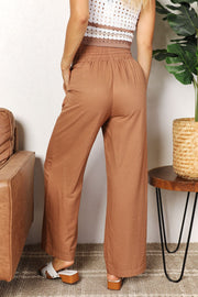 Double Take Drawstring Smocked Waist Wide Leg Pants - Fashionmj