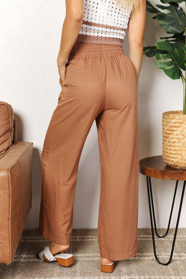 Double Take Drawstring Smocked Waist Wide Leg Pants - Fashionmj