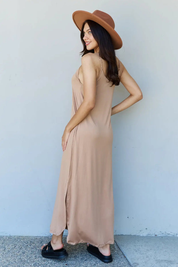 Ninexis Good Energy Full Size Cami Side Slit Maxi Dress in Camel - Fashionmj