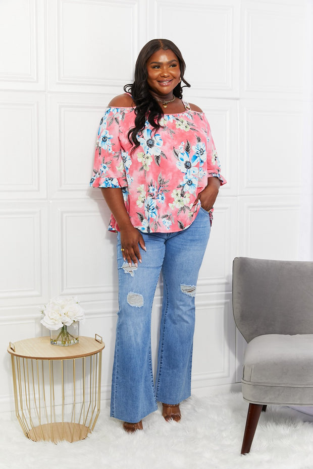 Sew In Love Full Size Fresh Take  Floral Cold-Shoulder Top - Fashionmj