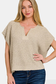 Zenana Short Sleeve Side Slit Sweater - Fashionmj