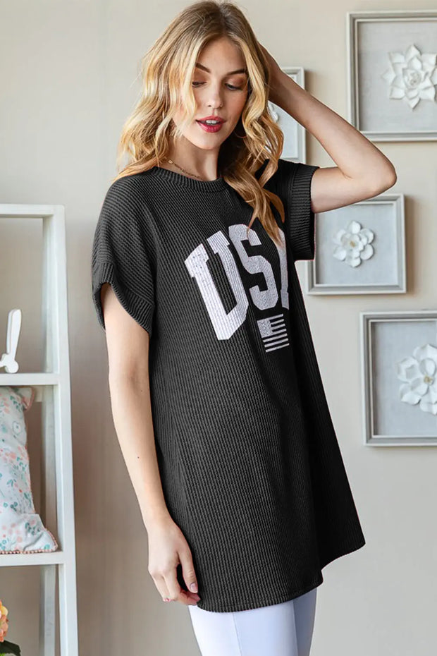 Heimish Full Size USA Graphic Short Sleeve Ribbed Top - Fashionmj