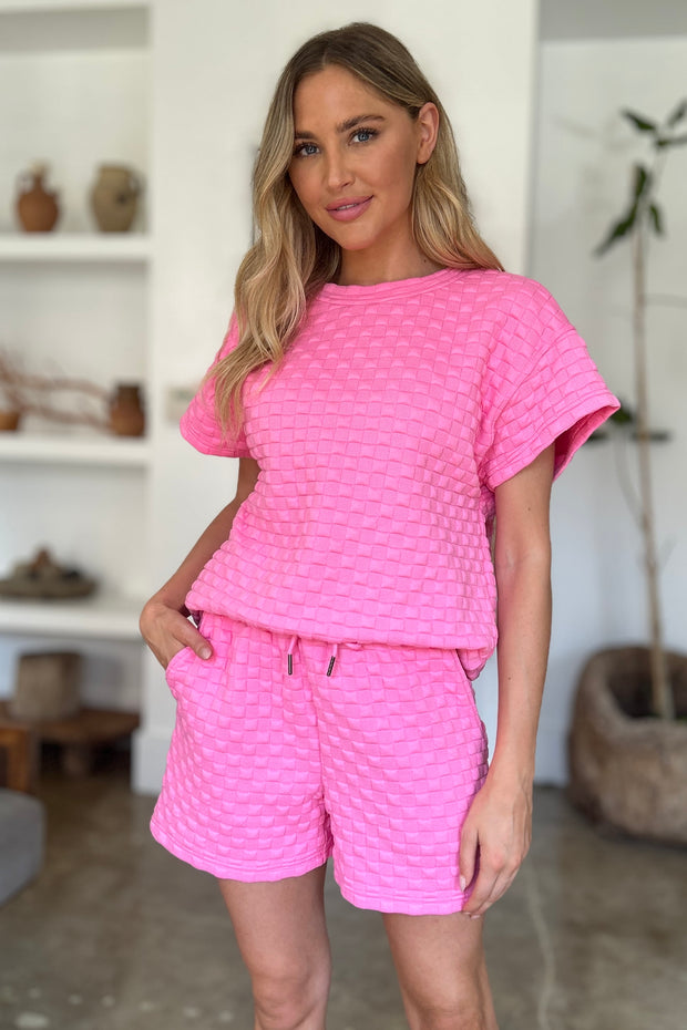 Double Take Full Size Texture T-Shirt and Shorts Set - Fashionmj