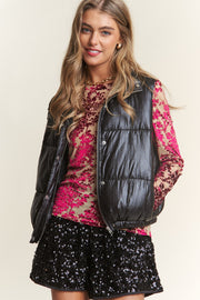 J.NNA Snap and Zipper Shiny Metallic Puffer Vest - Fashionmj