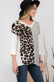 Celeste Full Size Front Leopard and Striped Print V-Neck T-Shirt - Fashionmj