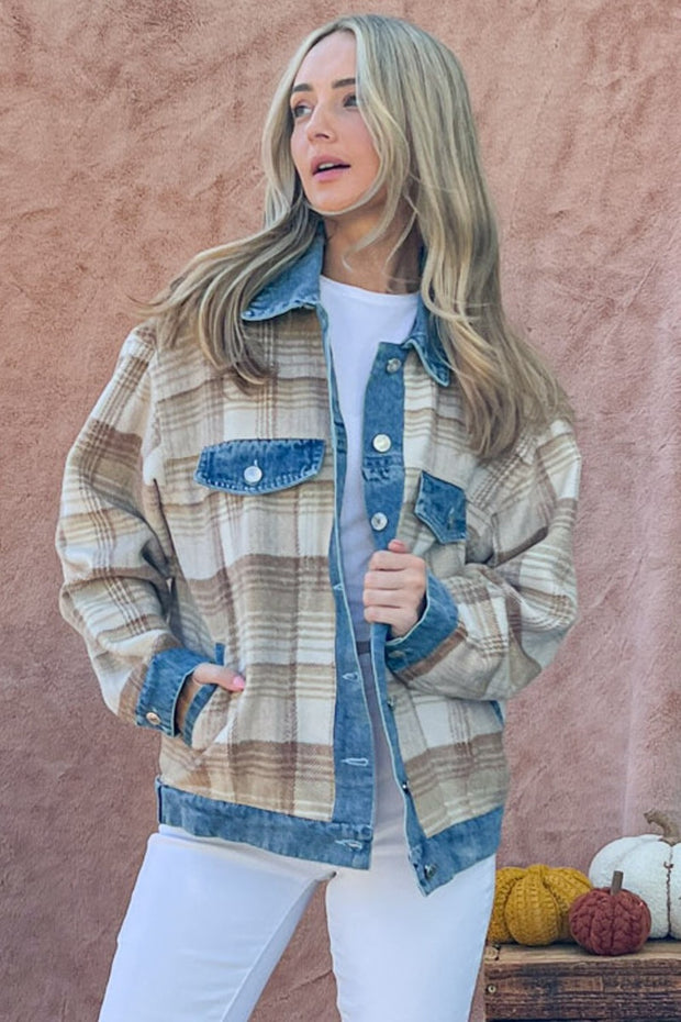 And The Why Full Size Washed Denim Detail Brushed Plaid Jacket - Fashionmj